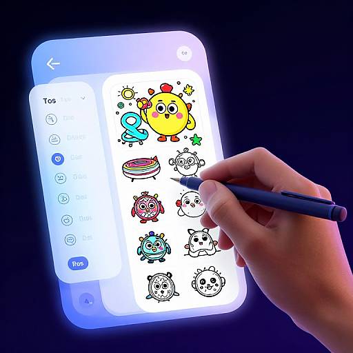 Photograph of a hand holding a pen drawing on a glowing, rectangular tablet screen filled with colorful, cartoon-style characters.