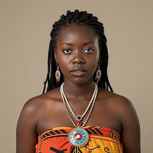 Photograph of a dark-skinned woman with braided hair, wearing a vibrant orange strapless dress, white and red bead necklaces, and matching
