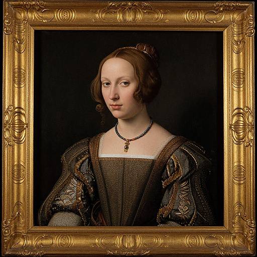 Renaissance portrait of a fair-skinned woman with brown hair, wearing a dark, detailed gown, and necklace, framed in an ornate gold