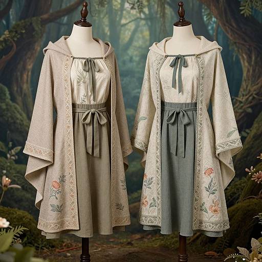 Photograph of two vintage-style mannequins in forest setting, wearing embroidered, floral-patterned hooded cloaks over satin blouses and gray