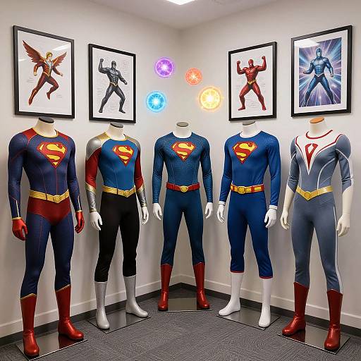 Photograph of five headless mannequins wearing Superman and Supergirl costumes, standing in a corner room with superhero posters.