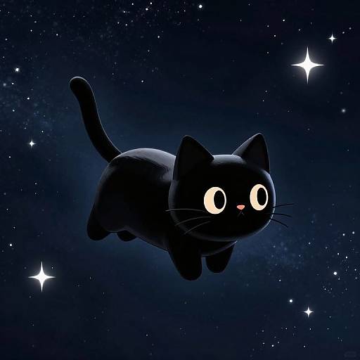 Digital illustration of a black cat with large white eyes and a small pink nose floating in a starry night sky.