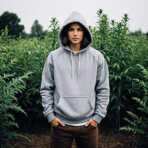 Young Man in Grey Hoodie Standing Outdoors