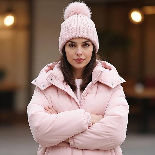 Photograph of a woman with fair skin, dark hair, and pink knit hat, wearing a pink puffer jacket, arms crossed, standing outdoors in