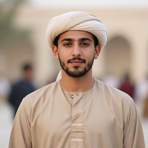 Photograph of a young Middle Eastern man with a trimmed beard, wearing a white turban and beige traditional long shirt, standing in a blurred outdoor setting