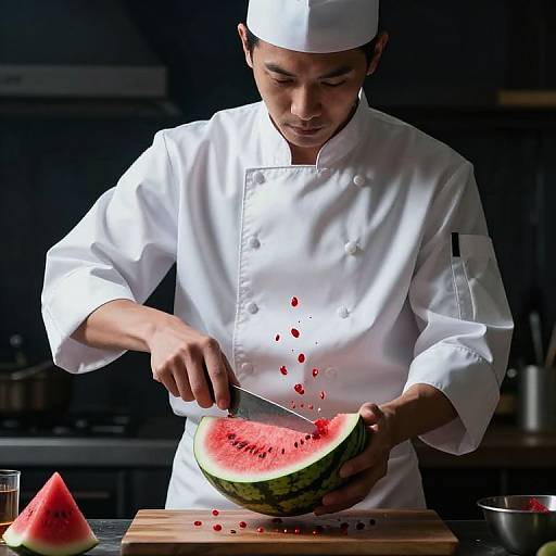 Photograph of a male chef in a white uniform and hat, slicing a watermelon in a dimly lit kitchen, with watermelon pieces and a