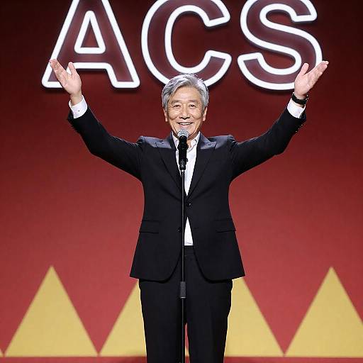 Charismatic Speaker on Stage with Neon Lights