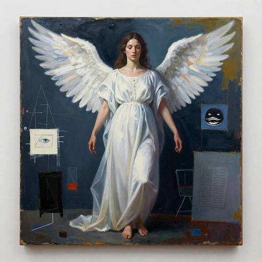 Digital painting of a fair-skinned woman with large white wings, wearing a flowing white dress, standing barefoot in a dark, abstract background with geometric