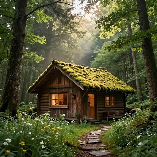 Photograph of a small, wooden, moss-roofed cottage in a sunlit, dense forest with a stone pathway, surrounded by wildflowers and