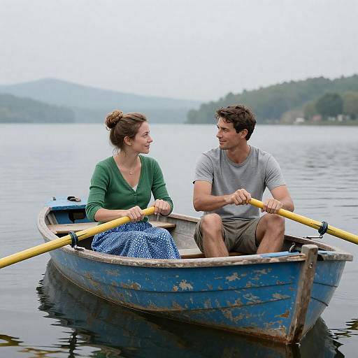 Couple in Blue Rowboat on Calm Lake