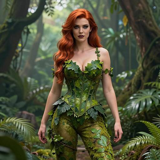 Woman in Poison Ivy Inspired Leaf Costume in Forest