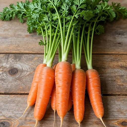 Photograph of five bright orange carrots with green leafy tops, arranged in a row on a rustic wooden surface.