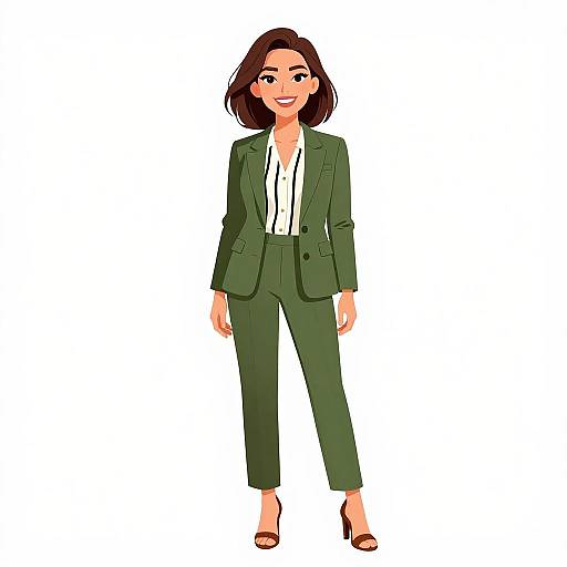 Smiling Woman in Olive Green Pantsuit