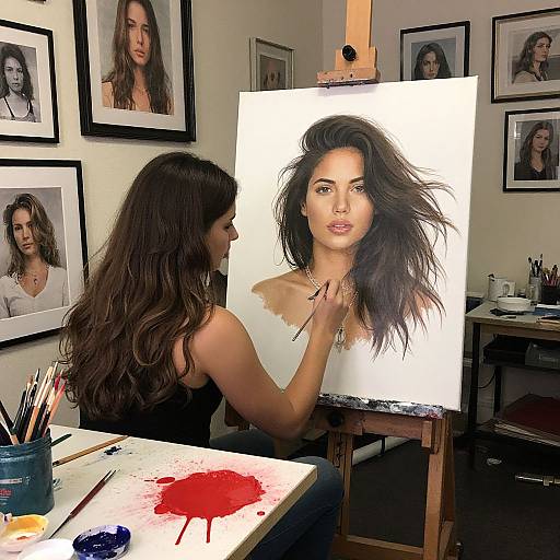 Photograph of a brunette woman painting a portrait of a dark-haired woman on canvas in an art studio, surrounded by framed portraits.