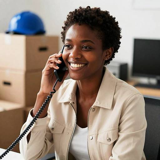 Cheerful Woman on Phone at Desk