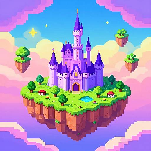 Pixel art of a floating purple castle with spires, surrounded by lush green islands, red mushrooms, and floating islands in a bright blue sky with clouds