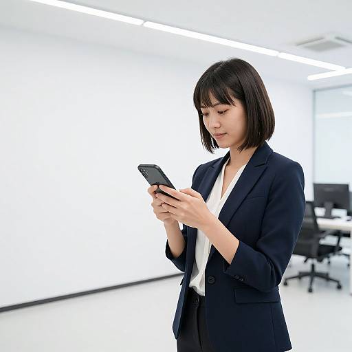 Photograph of an Asian woman with a short black bob, wearing a black blazer and white shirt, intently looking at a smartphone in a bright