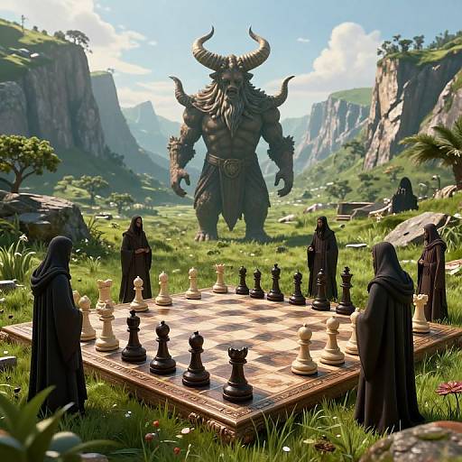 Fantasy CGI: Minotaur with horns and muscular build looms over chessboard on grassy cliff, surrounded by cloaked figures in medieval attire
