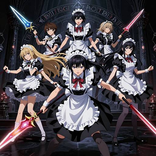 Anime-style digital illustration of six maid warriors with colorful swords, standing in a dark, cathedral-like background, ready for battle.