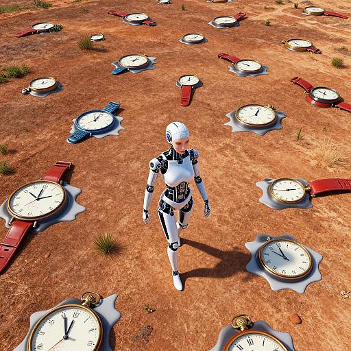 Digital art of a white humanoid robot walking on a red, sandy desert with numerous large, circular, clock-faced objects.