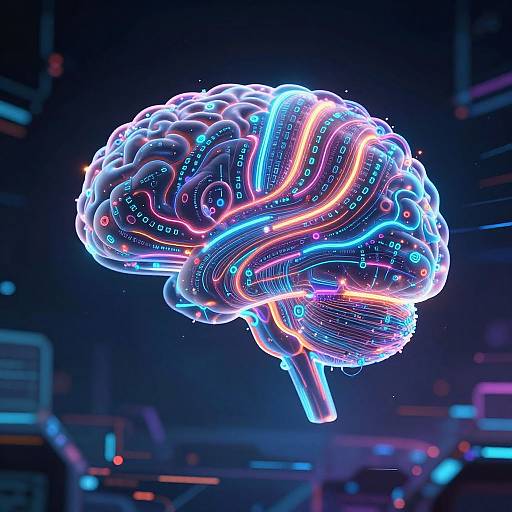 Neon-lit, digital CGI rendering of a human brain with glowing, circuit-like patterns in blue, pink, and orange, floating in a dark