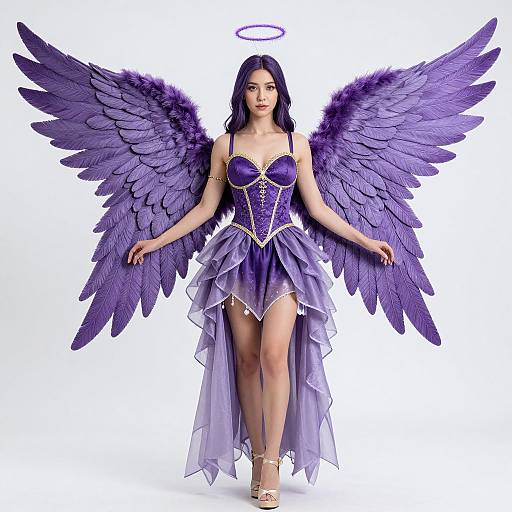 Digital artwork of a beautiful Asian woman with purple wings, halo, and gown, standing confidently, wearing gold anklet and sandals.