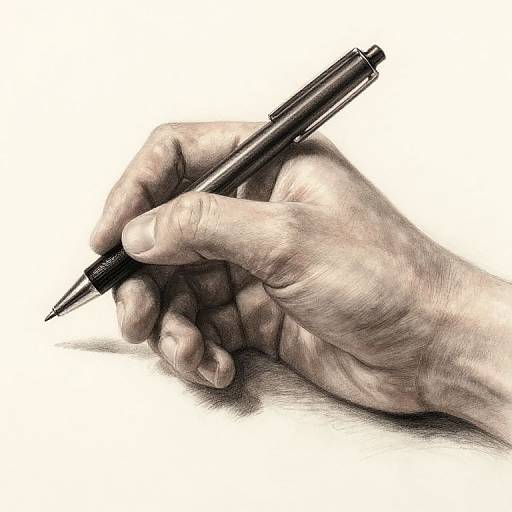 Photograph of a close-up hand holding a black pen, detailed with realistic texture and shading, against a white background.