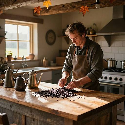 Photograph of a middle-aged man with curly hair, wearing a brown apron, sorting black beans on a wooden kitchen island. Sunlight streams through