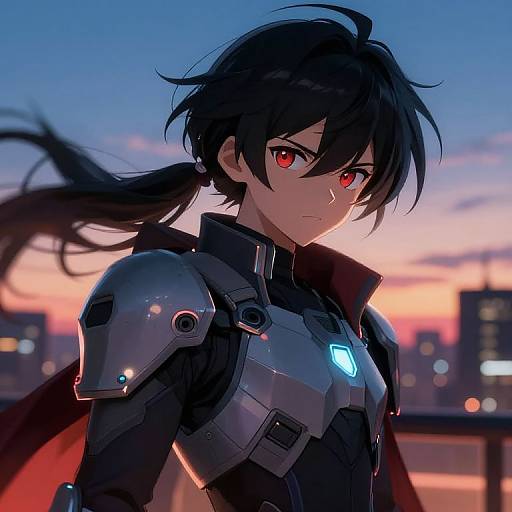 Digital anime-style drawing of a serious, black-haired, red-eyed, male character in futuristic armor with glowing blue chest emblem, against a twilight city skyline