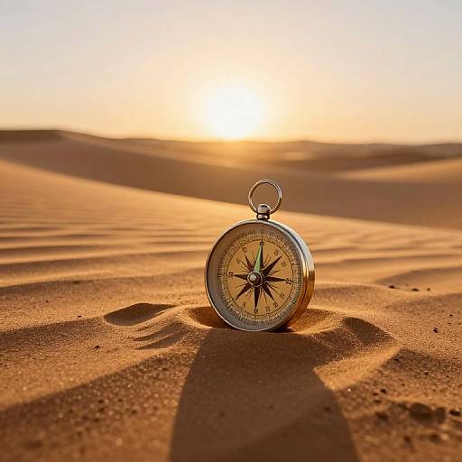 Photograph of a silver compass with a black and yellow direction dial standing in golden sand dunes at sunset.