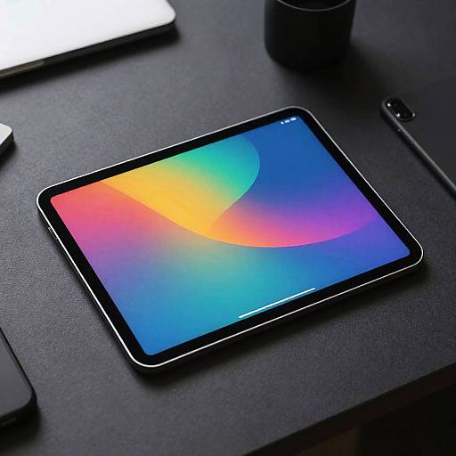 Photograph of a sleek, black-framed tablet with vibrant, rainbow gradient screen on a matte black surface, with a partially visible laptop and dark object