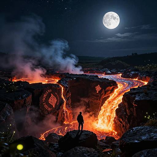 Traveler at Volcanic Rift with Glowing Lava Under Full Moon