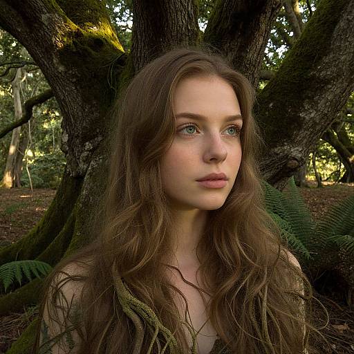 Photograph of a young woman with long, wavy brown hair and green eyes, standing in a sunlit forest, behind a large, moss-covered