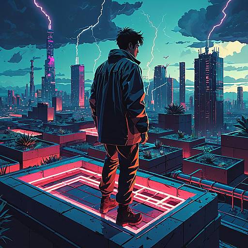 Futuristic Rooftop with Neon Light and Lightning