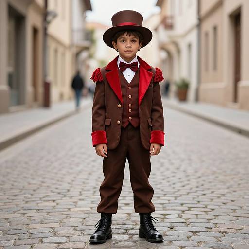 Photograph of a young boy in a Victorian-style brown suit with red accents, top hat, and black boots, standing on a cobblestone street