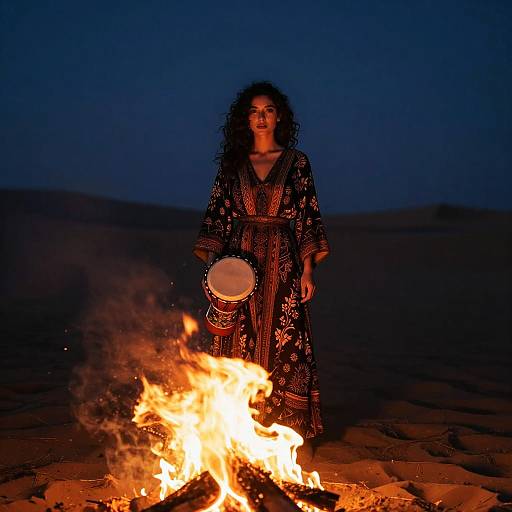 Mystical Woman in Desert Firelight