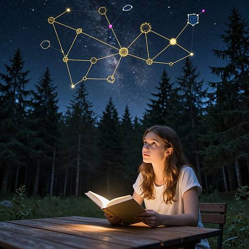 Photograph of a young woman with long brown hair reading a book under a starry night sky, with a constellation map above, in a forest.