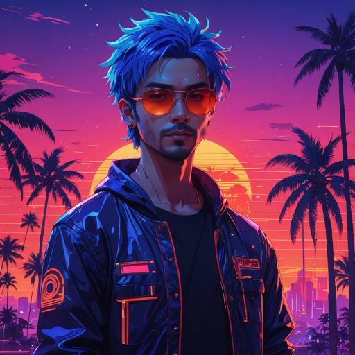 Anime Character Against Neon Cyberpunk Sunset