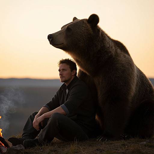Man and Grizzly Bear at Sunset