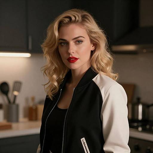 Blonde Woman with Red Lipstick in Modern Kitchen