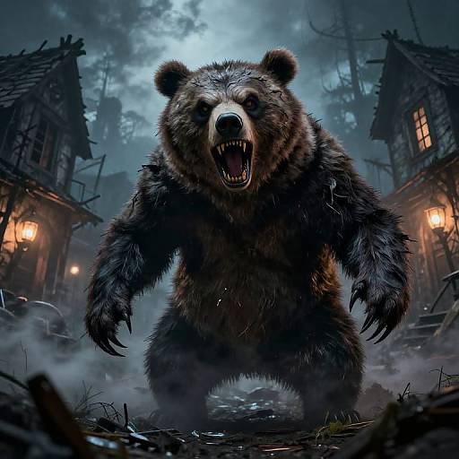 Digital artwork of a ferocious, snarling bear in a foggy, moonlit village with wooden houses and glowing lanterns. Dark, detailed