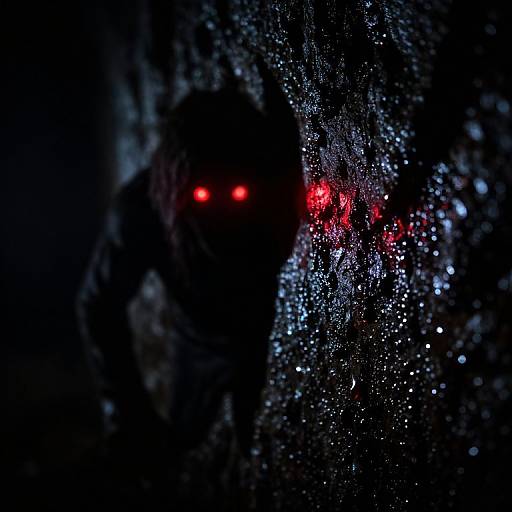 Photograph of a dark, shadowy figure with glowing red eyes and red lights, set against a background of sparkling blue and white specks.