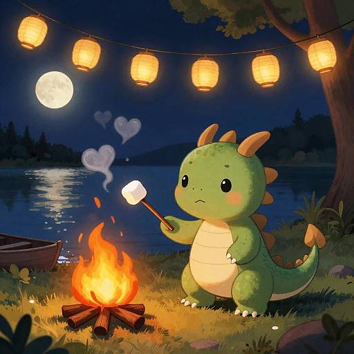 Whimsical Baby Dragon Camping Scene