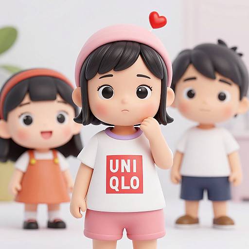 Digital illustration of three cute, cartoon-style children with large eyes. Central girl in pink hat and 