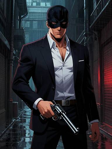 Masked Vigilante Detective in Rainy Alley