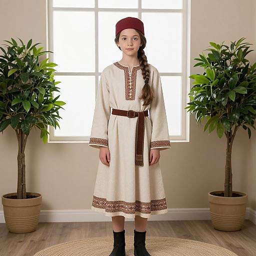 Photograph of a young girl with light skin, brown hair in a braid, wearing a white traditional dress with brown embroidery, brown belt, red