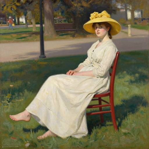 Oil painting of a fair-skinned woman in a white dress and yellow hat, seated on a red chair in a sunlit park.