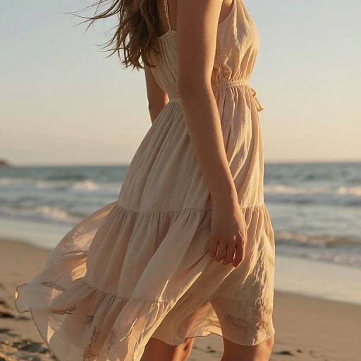 Photograph of a woman in a flowy, pale pink sundress standing on a beach at sunset, with waves in the background.