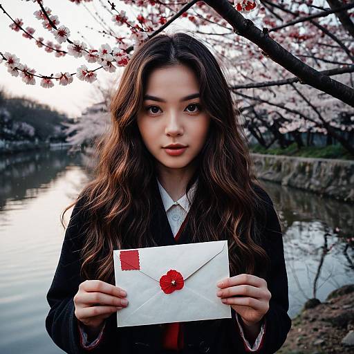 Young Woman Holding Sealed Letter by Riverside with Cherry Blossoms