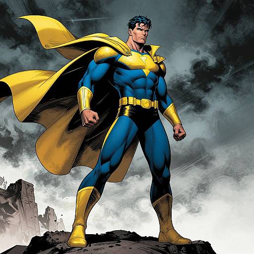 Digital comic-style drawing of a muscular, blue and yellow-clad superhero with a flowing cape, standing on rocky terrain against a stormy sky.